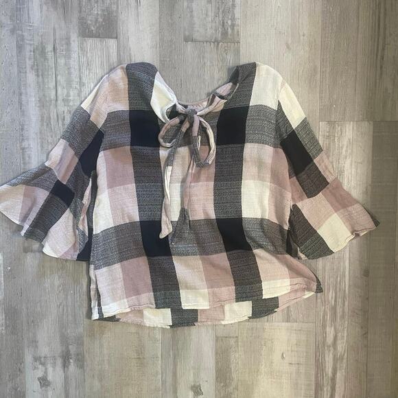 Ro & De Plaid Bell Sleeve Bow Back Blouse sz Medium - Picture 14 of 15